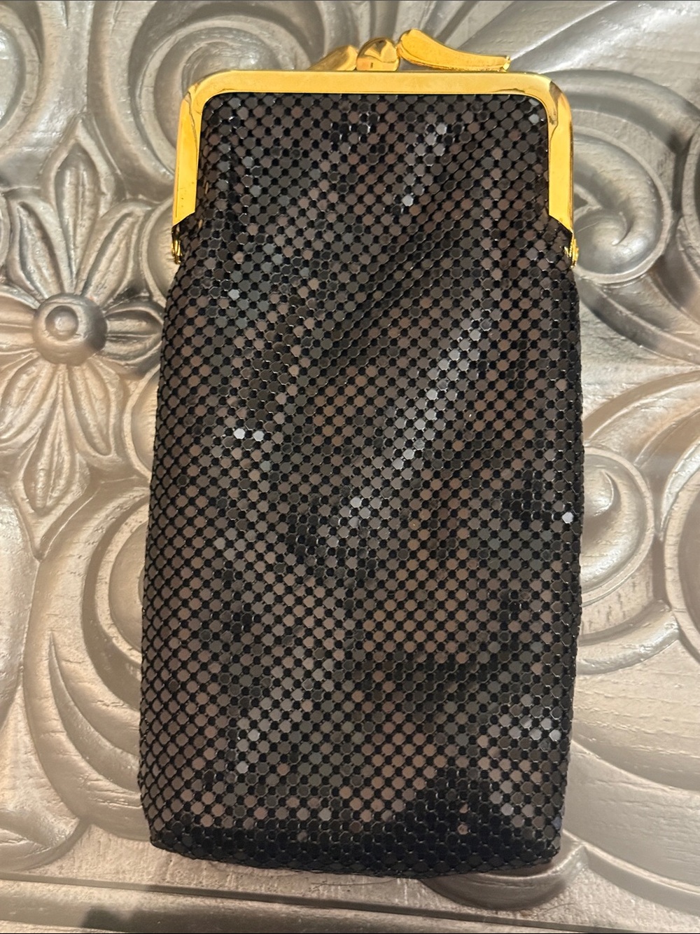 Joan Rivers Black Sequin Mesh Clutch with Gold Frame